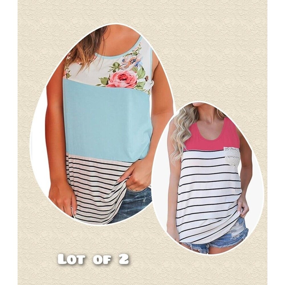 Lot of 2 Women's Color Block Sleeveless T-Shirts Tank Top Stripes Flowers Size M